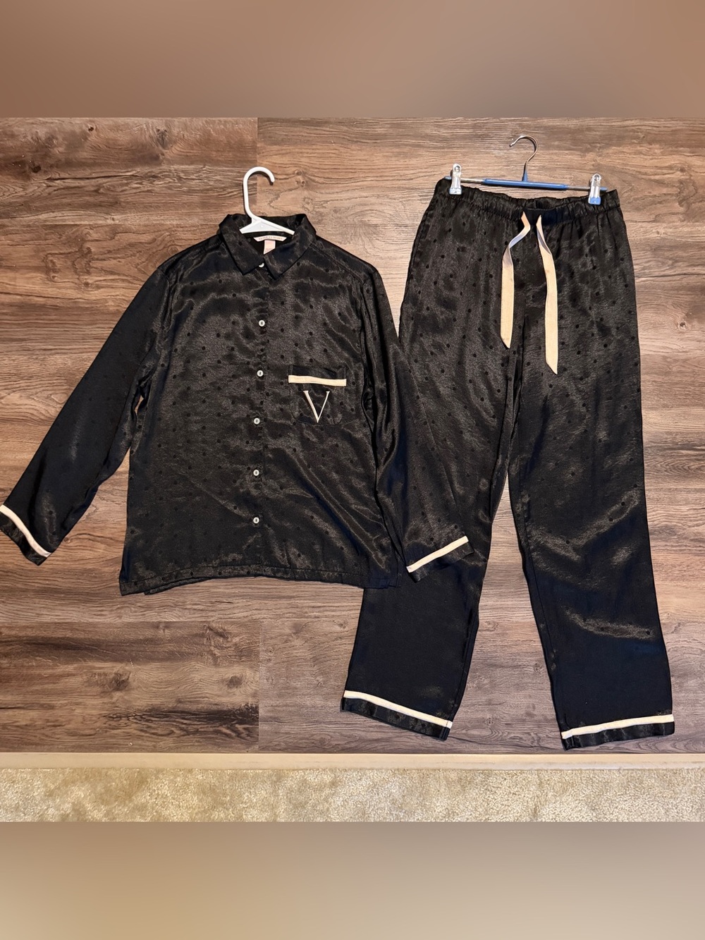 Victoria's Secret Black Satin Pajama Set with Cream Trim